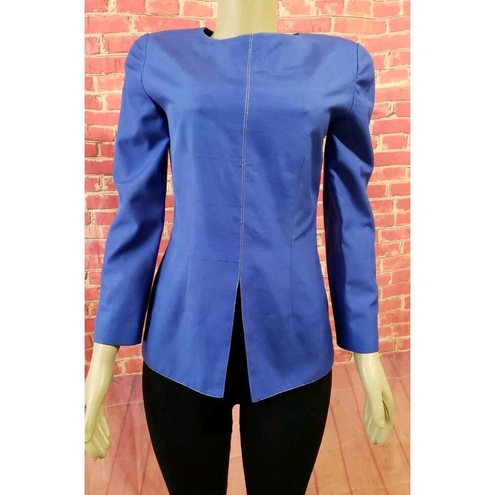 RICHARD WARREN Vintage Women Size 4 Silk Blue Jacket Top Blouse (B1)